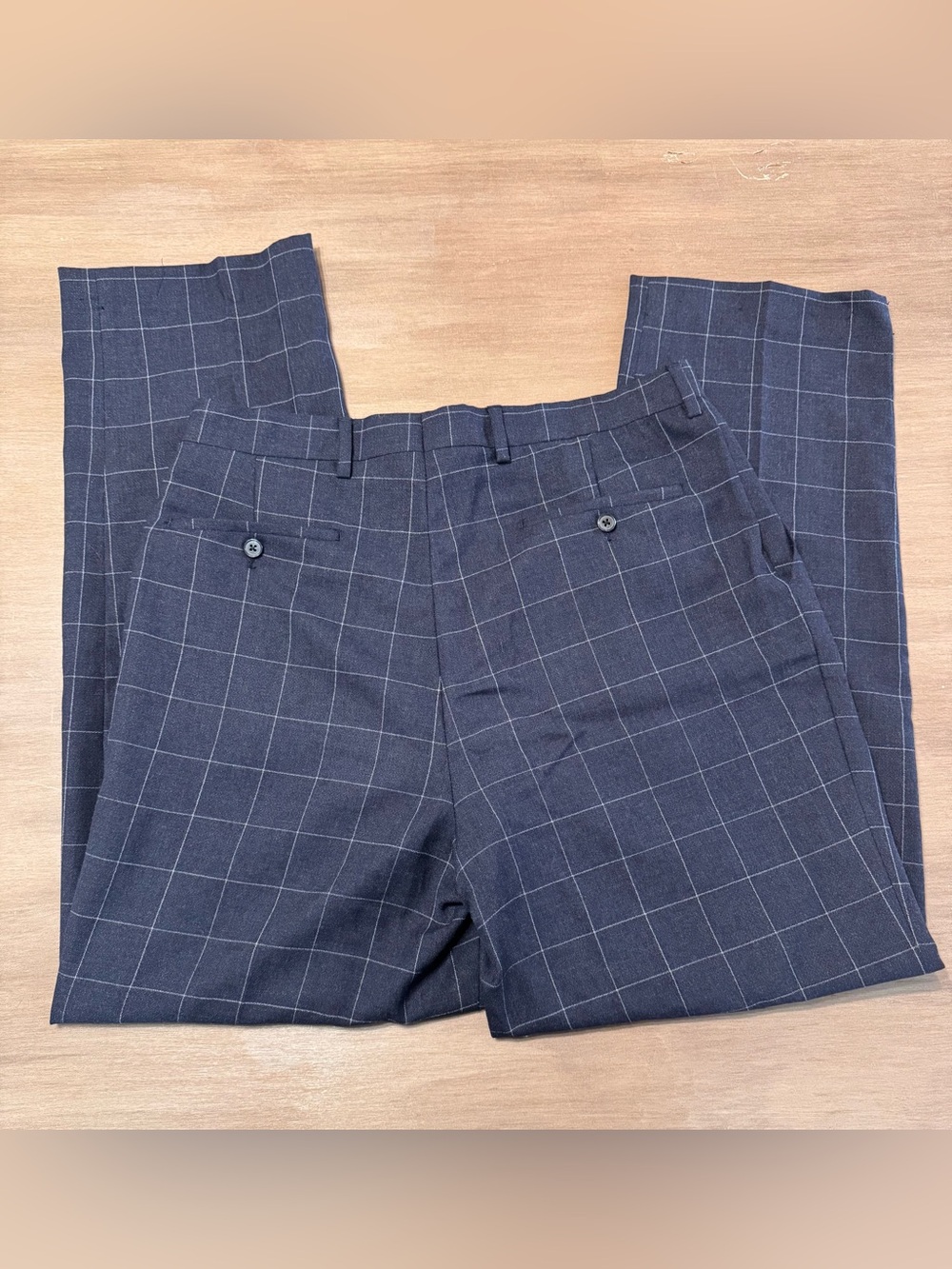 Bachrach Mens 35W 31L Wool Windowpane Pleated Dress Pants Navy Made in Italy - Picture 2 of 7